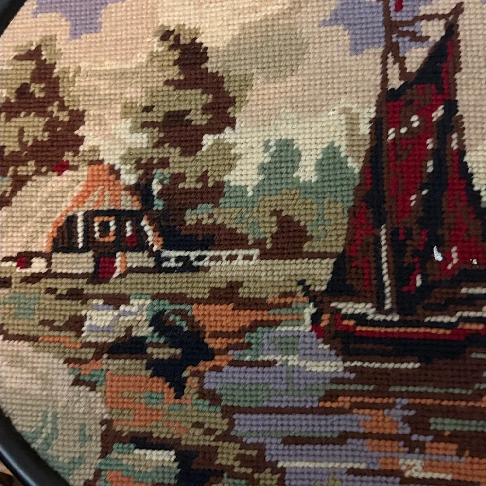 Framed Vintage Needlepoint: Cottage or Windmill Folk Art